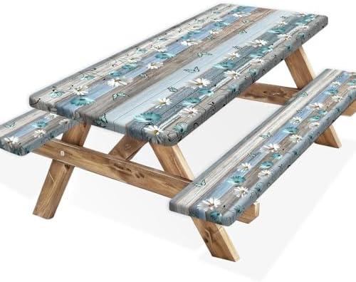 Floral Picnic Table Cover with Bench Covers, Camping Essentials, Wooden Flower Butterfly Waterproof Windproof, Fitted Tablecloth Cover with Elastic Edge, for Indoor, Outdoor, 3 PCS, 30x96 Inch by Xguatan