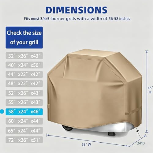 BBQ Gas Grill Cover for Outdoor, Anti-UV, Rip-Proof, 600D Oxford Fade Resistant Material, Barbecue Cover with Hook and Loop Straps & Adjustable Hem Drawstring (Beige, 58”x24”x46”) - Image 2