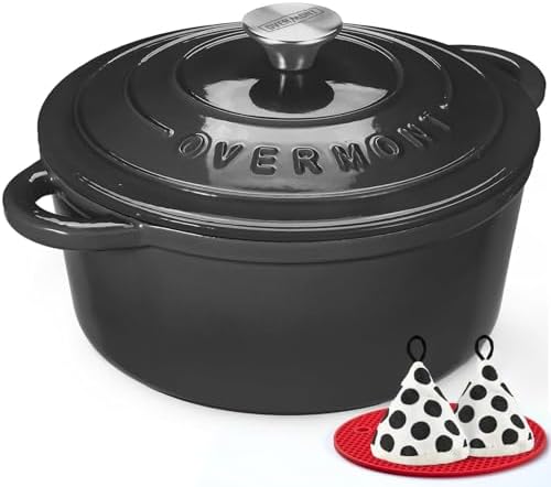 Overmont Enameled Cast Iron Dutch Oven - 7QT Pot with Lid Cookbook & Cotton Potholders - Heavy-Duty Cookware for Braising, Stews, Roasting, Bread Baking GraphiteGray by Overmont