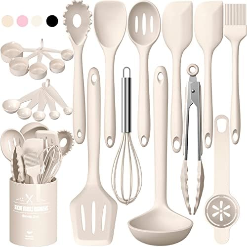 Umite Chef 22-Piece Silicone Cooking Utensils Set，Heat Resistant & Dishwasher Safe Kitchen Tools, Black Non-Scratch Spatula Set for Nonstick Cookware (Khaki) by UmiteChef