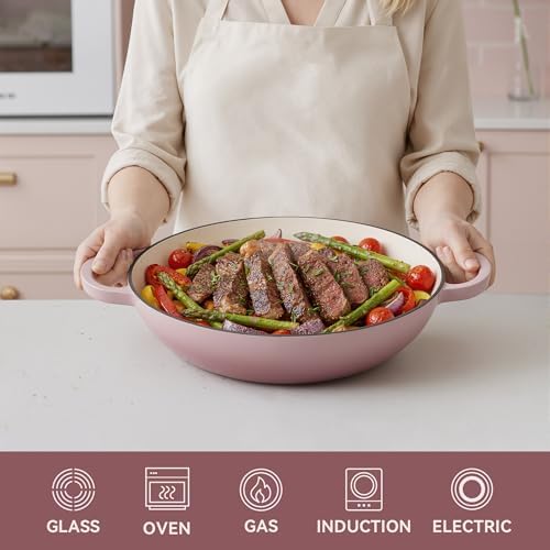 3 Quart Enameled Cast Iron Braiser, Non Stick Enameled Cast Iron Skillet with Lid, Dutch Oven Skillet with lid up to 500°F for Oven, Stove, Grill, Shallow Dutch Oven for Cook, Bake (Pink) - Image 4