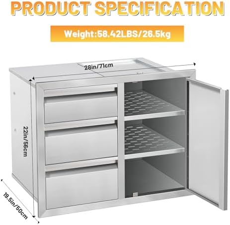Outdoor Kitchen Drawer Combo Cabinet Stainless Steel Triple Drawers & Access Door, 28" W x 22" H x 19.5" D, Multi-Layer Design with Partition, Perfect for BBQ Grill Station - Image 2
