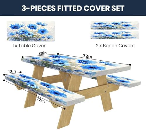 CAPSCEOLL Fitted Picnic Table Cover with Bench Covers 6ft - Blue Flowers - Image 2