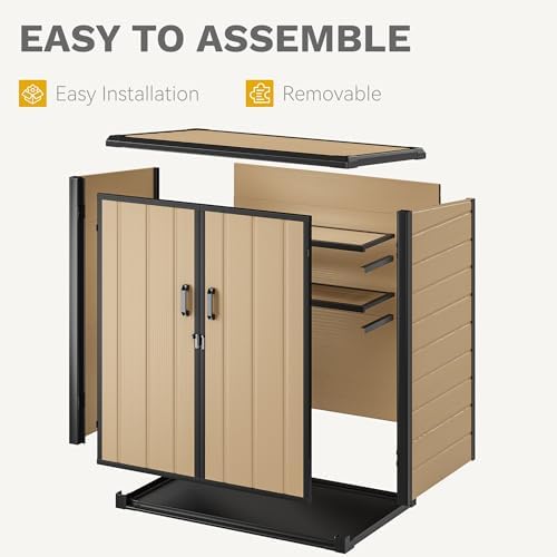DWVO Outdoor Storage Shed 54 cuft with 2 Shelves, 4.2x2.6x5ft Vertical Tool Shed with Floor & Lockable Doors, Sturdy Double-Wall Plastic Cabinet for Garbage Cans and Garden Storage, Brown - Image 5