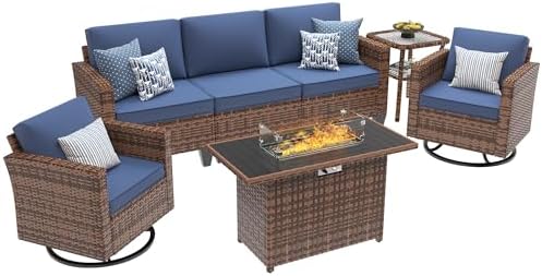 UDPATIO Patio Furniture Set with Fire Pit Table, Rocking Swivel Chairs, 5 Pieces Outdoor Furniture Sets, All-Weather Wicker Outdoor Sectional Sofa with Waterproof Cover, 4'' Thickened Cushion, Navy - Image 2