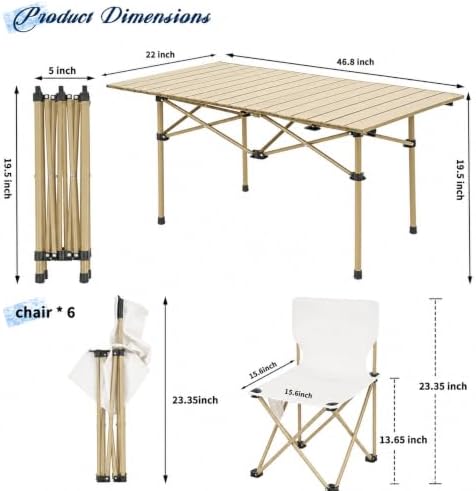 Camping Table with 6 Chairs, Portable Folding Picnic Table Set-Beige - Image 3