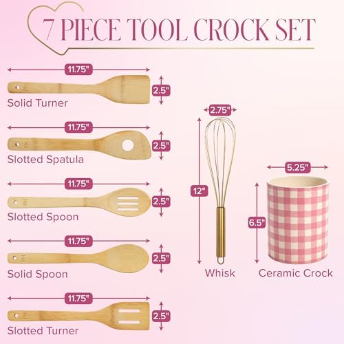 Paris Hilton Kitchen Utensils Tool Crock Set, Bamboo Cooking Tools with Gold-Finish Stainless Steel Whisk and Ceramic Stoneware Utensil Holder, Gingham Design, 7-Piece, Pink - Image 3