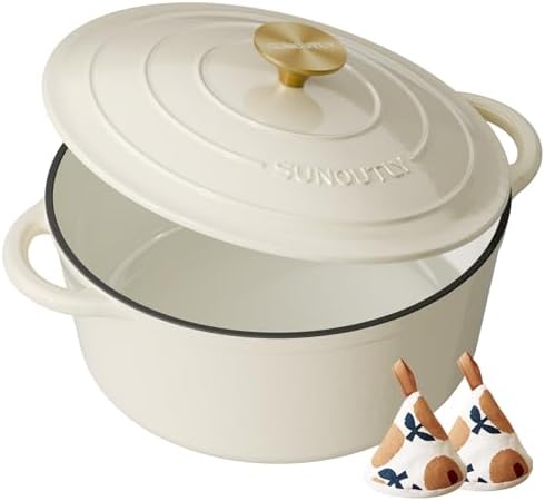 Enameled Cast Iron Dutch Oven, 7.5QT Pot with Lid, Cream White by SUNOUTLY