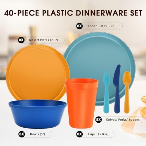 40 Piece Plastic Dinnerware Set for 8 with Cutlery, Unbreakable Plates and Bowls Set, Dishwasher & Microwave Safe Reusable Dish Set for Camping, RV, Outdoor Kitchen, Apartment Dining,Tropic Multicolor - Image 2