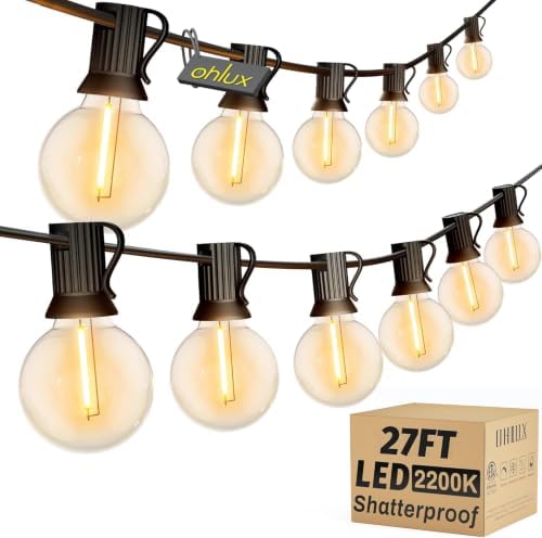 OHLUX Outdoor String Lights, 27FT LED Patio Lights with 13 Dimmable Plastic G40 Globe Bulbs(1 Spare), 2200K Waterproof Connectable Hanging Lights for Backyard Porch Cafe Party Decor E12 Socket Base by OHLUX-YourIndoorOutdoorSpaceLightingPartner
