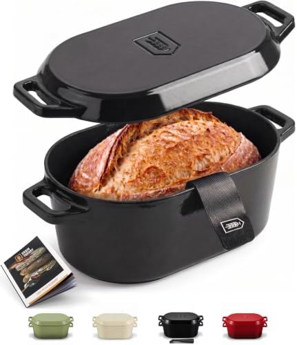 Kook Dutch Oven, For Sourdough Baking, Dual Handles, Enameled Cast Iron, includes Silicone Mat and Sourdough Guide, Dishwasher Safe, Oven safe 500F, 5 Qt, (Black) by Kook