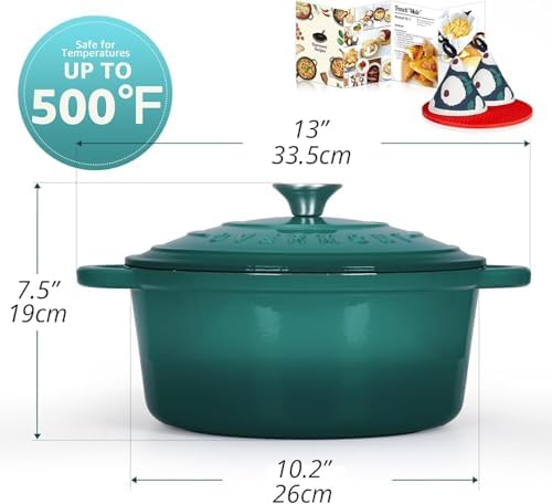 Overmont Enameled Cast Iron Dutch Oven - 5.5QT Pot with Lid Cookbook & Cotton Potholders - Heavy-Duty Cookware for Braising, Stews, Roasting, Sourdough Baking bottle green - Image 5