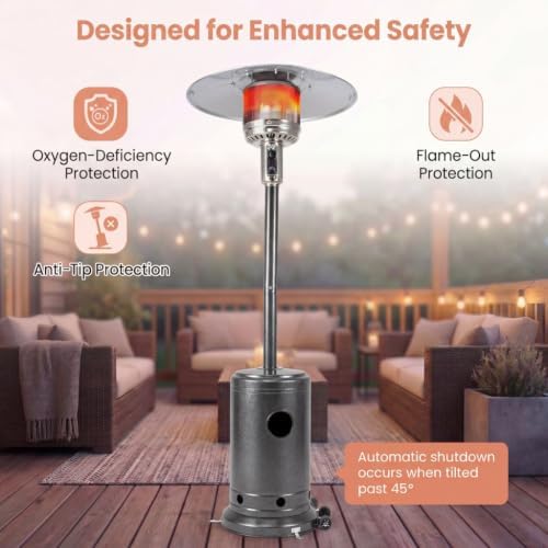 COSTWAY Outdoor Patio Heater, 47476 BTU Propane Heater with Stainless Steel Burner and Wheels, Triple Protection System, Standing Portable Outside Heater for Porch, Deck, Home and Commercial, Grey - Image 6