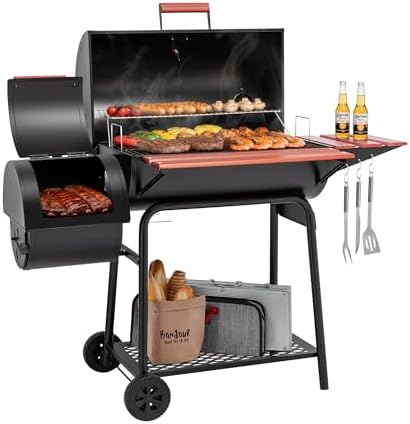 Royal Gourmet 30-Inch Charcoal Grill with Offset Smoker, Wood-Painted Table - Image 2