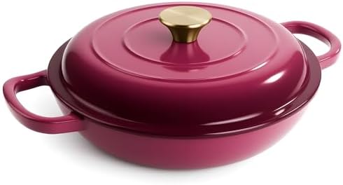 3 Quart Enameled Cast Iron Braiser, Non Stick Enameled Cast Iron Skillet with Lid, Dutch Oven Skillet with lid up to 500°F for Oven, Stove, Grill, Shallow Dutch Oven for Cook, Bake (Rose) by Fijinhom
