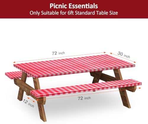 6ft 72in Picnic Table and Bench Cover, 3 Pack, Red-White Checkered - Image 2