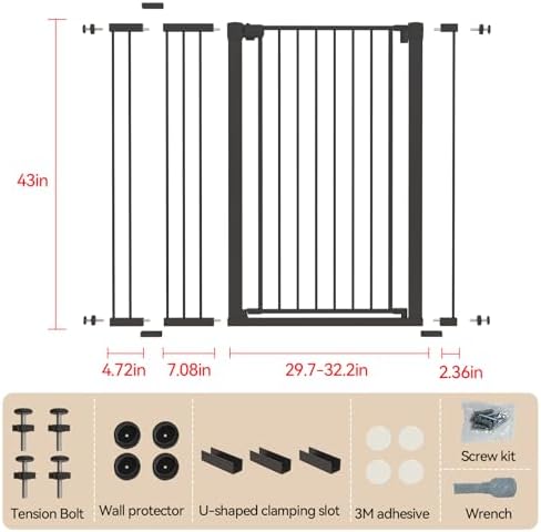 43 inch Tall Safety Baby Gate Adjustable 29.7-45.2inch Extra-Wide Metal Baby Gate Drill-Free Pressure-Mount Installation kit Self-Closing BabyGate for Stairwells、Doorways（Black） - Image 2