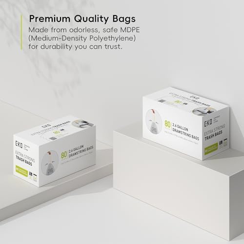 EKO 2.6 Gallon / 7-10 Liter, 80 Count Small Drawstring Trash Bags, Extra-Strong Unscented Garbage Bags, Easy-Dispense Roll for Kitchen & Household Use, Resists Tears, Leaks and Punctures, Code B White - Image 7