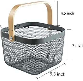 Mesh Steel Storage Organizer Basket Fruit Basket Bin with Wood Handle Ideal for Kitchen Bathroom Picnic Baskets Pantry Cabinets Storage Home Decor (Cold Gray) - Image 3