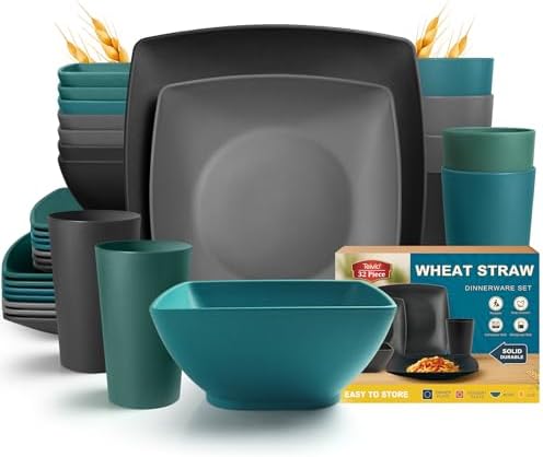 Teivio 32-piece Plastic Wheat Straw Square Dinnerware Set for 8, Unbreakable Dinner Plates, Salad Plates, Snack Bowls, Tumblers 13.5 oz, Dishwasher Safe, Outdoor RV Dishes, Coastal Multicolor by Teivio