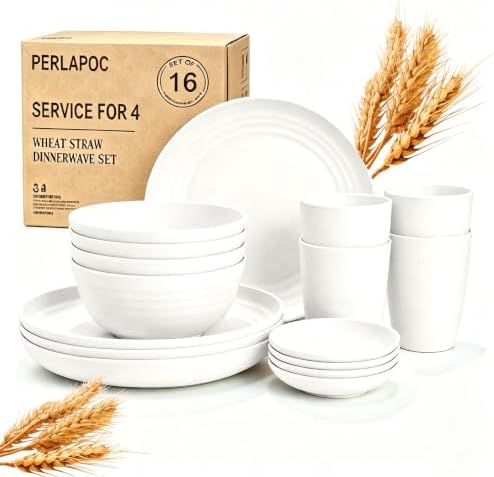 Wheat Straw Plates and Bowls Sets of 16，Unbreakable Dinnerware Sets for 4, Microwave & Dishwasher Safe Kids Dish Set for Kitchen, Outdoor, Camping, Party, RV- White by Perlapoc