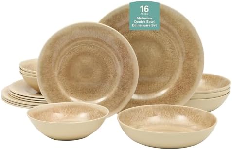 Gibson Home Casper Court 16-Piece Melamine Dinnerware Set – Beige Reactive Glaze Look Plates and Bowls, Service for 4 – Top Rack Dishwasher Safe Everyday Dining Set by GibsonHomewares