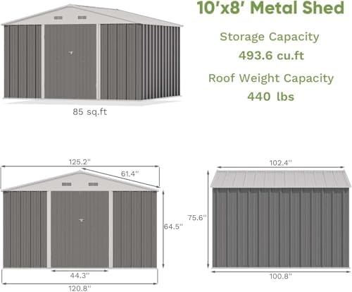 Greesum 10x8FT Outdoor Storage Shed Utility Tool Shed Gray - Image 4