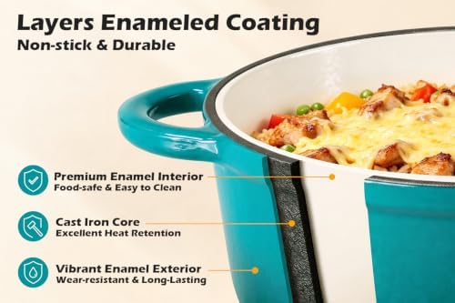 Leonyo 4-Quart Enameled Cast Iron Dutch Oven Pot with Lid, Lake Green - Image 3