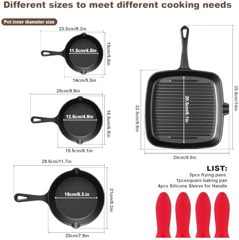 Pre-Seasoned Cast Iron skillets,4 Piece Durable Pots and Pans Set with Handle Covers for Grill, BBQ, Camping Fire, Stovetop, Kitchen and Camping Cookware - Image 3