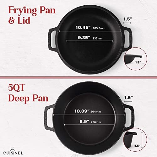 Cuisinel Cast Iron Dutch Oven - 5-Quart Deep Pot - Preseasoned 2-in-1 Multi-Cooker - Combo Lid Doubles as 10"-inch Skillet Frying Pan + Silicone Handle Covers + Scraper - Indoor/Outdoor Bread Cookware - Image 4