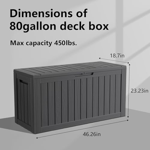 PatioZen 80 Gallon Outdoor Deck Box,Waterproof Resin Outdoor Storage Boxes, Outside Storage Lockable Container for Garden Tools,Indooor Cushions,Accessories (Black) - Image 2