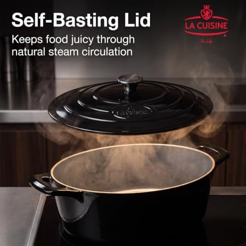 La Cuisine Enameled Cast Iron Oval Dutch Oven Casserole Pot with Lid 6.75 QT Internal Matte Black Enamel Coating for bread baking, GlassTop Oven-Safe 550°F/276°C, Glossy Black - Image 3