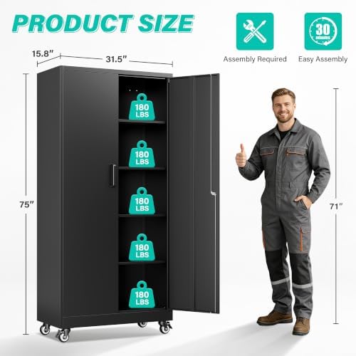 SISESOL 75" Tall Metal Storage Cabinet with Wheels and Shelves (Black) - Image 3