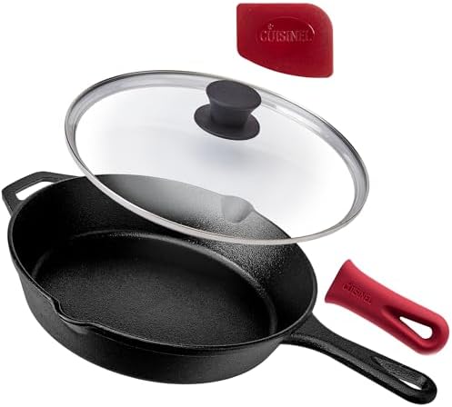 Cuisinel Cast Iron Skillet with Lid - 10"-Inch Pre-Seasoned Frying Pan + Glass Cover + Heat-Resistant Handle Holder - Indoor/Outdoor Use - Grill, Stove, Camp Firepit, Induction - Oven Safe Cookware by Cuisinel
