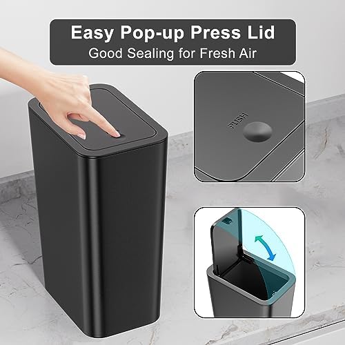 N. NETDOT 3 Pack 10L/2.6 Gal Bathroom Trash Can with Lid, Bin Press Small Can/Slim Garbage Cans/Waste Basket for Bathroom,Kitchen,Office,Bedroom - Black,Gray,Off White NDTR001 - Image 5