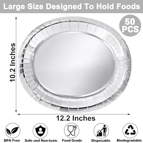 50 Pack Silver Foil Paper Plates, 12.2" X 10.2" Disposable Party Plates - Image 2
