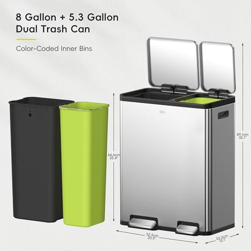 EKO EcoCasa Stainless Steel Dual Step Trash Can for Recycling, 30L+20L Rectangular Kitchen Trash Can, Independent Pedals and Lids, Soft Close and Fingerprint Resistant - Image 2