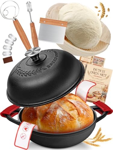 Dutch Oven Bread Baking Pot with Lid 6QT Cast Iron Design & Complete Sourdough Kit (Banneton Basket, Dough Tools, Silicone Sling) for Artisan Bread Making by Unknown