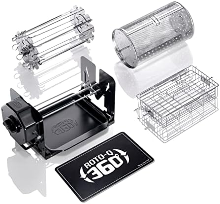 ROTO-Q 360 Family Rotisserie Kit – Non-Electric Wind-Up Spit Roaster with Basket, Flat Cage, Skewer Set & Mat for Grill, Oven, Smoker, Portable BBQ Cooking, Tailgating, or Camping Use by ROTO-Q360