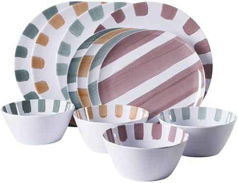 Gibson Home Cottage Stripes 12-Piece Melamine Plates and Bowls Dinnerware Set - Outdoor, Camping, & Everyday Use - Assorted Colors by GibsonHomewares
