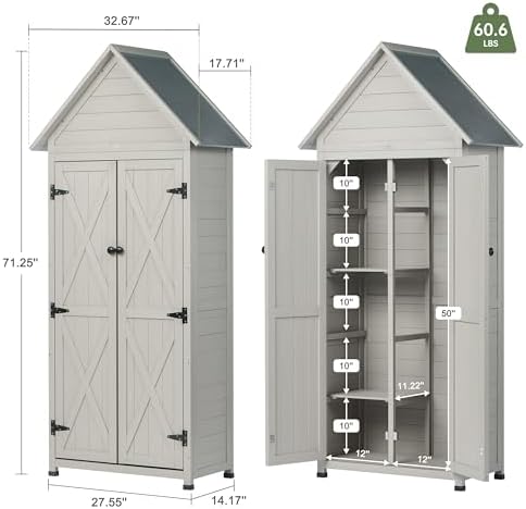 Outdoor Storage Shed with Floor & Adjustable Shelves, Wooden Garden Tool Cabinet Weatherproof, 71" Vertical Patio Organizer - Image 3