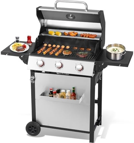 3-Burner Propane Gas Grill with Double-layer Lid, Stainless Steel Hanging Basket & Easy-to-Clean Design – 30,000 BTU BBQ Grill with 2 Folding Sides and Wheels for Outdoor Backyard Patio by Unknown