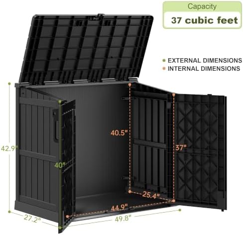 Plastic Outdoor Storage Shed, 37 Cu Ft Weatherproof Outdoor Storage Box with Double Lockable Door, All-Weather Resin Storage Cabinet for Patio, Backyard, Lawn, Garage and Poolside,Wood-Grain (Black) - Image 3
