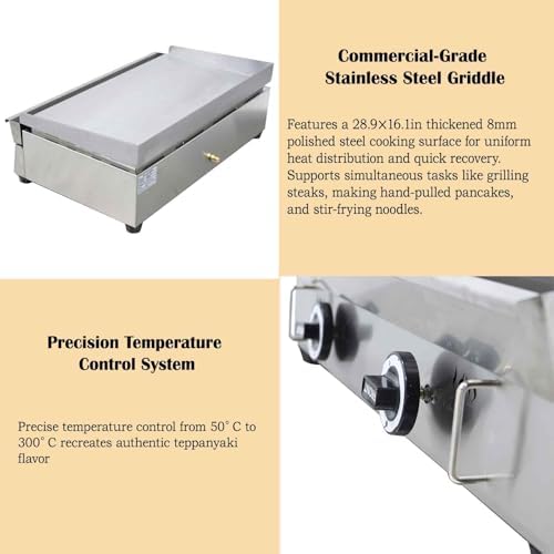 Commercial Stainless Steel Natural Gas Griddle Grill, 28.9" x 16.1" Flat Top Countertop Griddle for Steak, Pancakes & Teppanyaki, 2000Pa, Home & Outdoor Use - Image 4