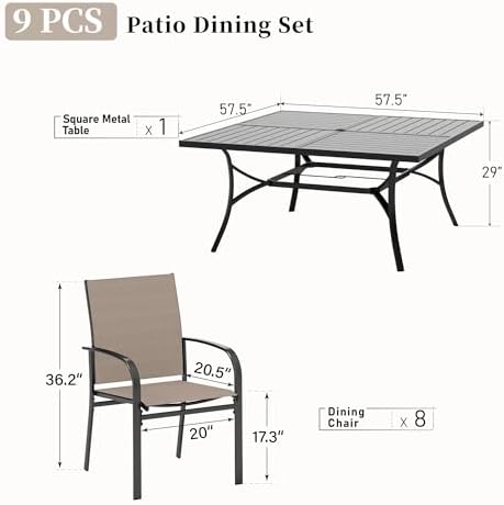 SUNSHINE VALLEY 9pc Patio Dining Set, 57.5" Square Table & 8 Brown Chairs - Image 5