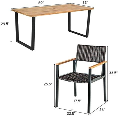 Tangkula 7 Pieces Outdoor Dining Set, Patented Patio Furniture Set w/Large Rectangle Acacia Wood Table Top, Rattan Chairs with Steel Frame, Umbrella Hole, for Backyard Garden - Image 5