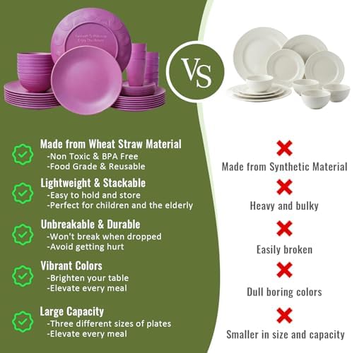 Wheat Straw Dinnerware Set 40 PCS | Service for 8 | Unbreakable Plates and Bowls Sets Plastic Reusable Dishes Sets Dinner Plates, Cereal Bowls, Water Cups Kitchen Set for Home RV- Pink - Image 5