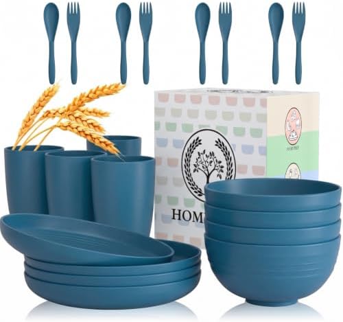 Wheat Straw Dinnerware Sets, Homienly 20pcs Unbreakable Microwave Dishwasher Safe Tableware Lightweight Bowls, Cups, Plates Set Reusable Dinner Plates Bowls set (Blue) by HOMIENLY