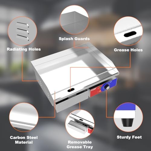22’’ * 14’’ Commercial Electric Countertop Griddle -110V Flat Top Griddles w/ 122-572°F Adjustable Temperature and Non-Stick, 3000W Stainless Steel Electric Griddle w/ 10mm Thick carbon steel - Image 6