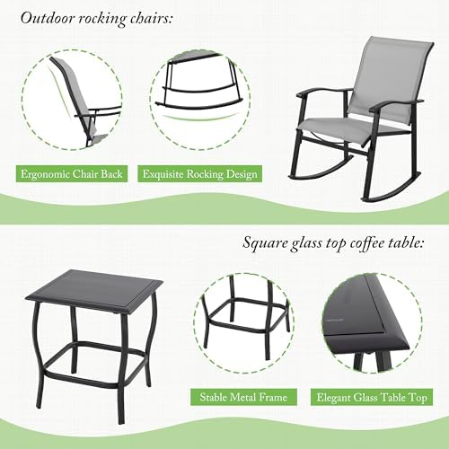 Shintenchi 3 Piece Rocking Bistro Set, Outdoor Furniture with Rocker Chairs and Glass Coffee Table Set of 3, Balcony, Porch Furniture for Small Space, Light Gray - Image 3